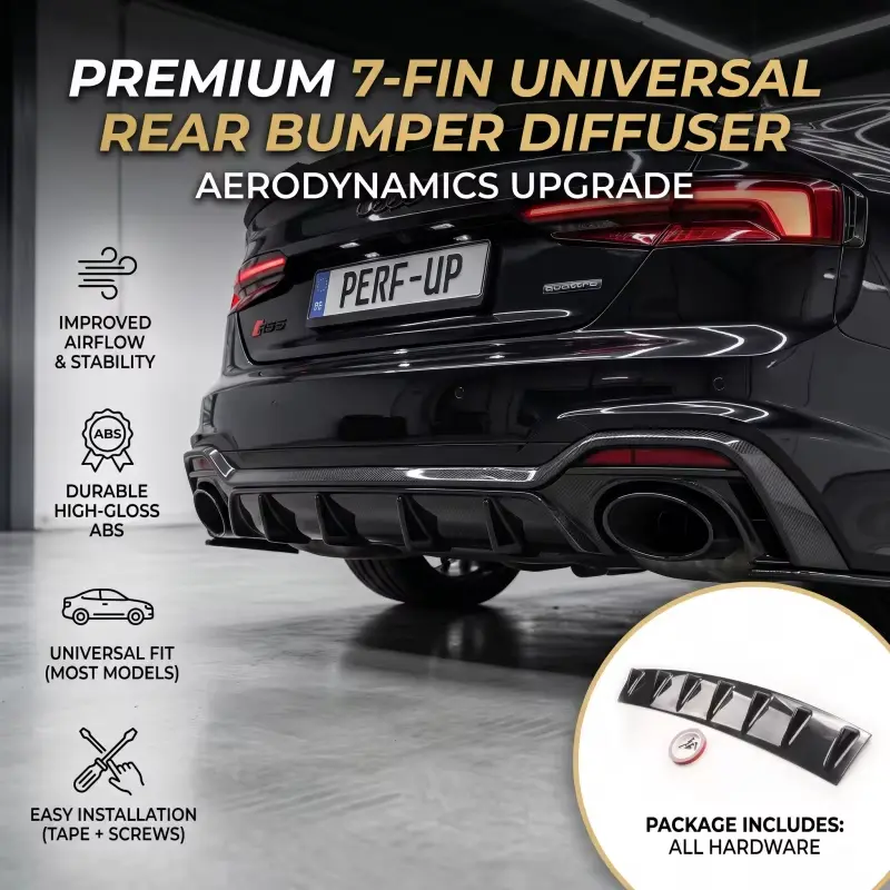 Universal 7-Fin ABS Plastic Rear Bumper Diffuser - Self-Adhesive Aerodynamic Chassis Spoiler, Scratch-Resistant Curb-Safe Bumper Guard with Waterproof Tape for Sedans, Boosts Sporty Performance Look & Aero Wind Control (DIY Install for Coupes)