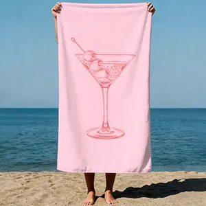 Martini glass with olives, depicted in a minimalist line art style. Sand-Free Beach Towel | Ultra-Light Microfiber | Quick-Dry, Compact for Travel