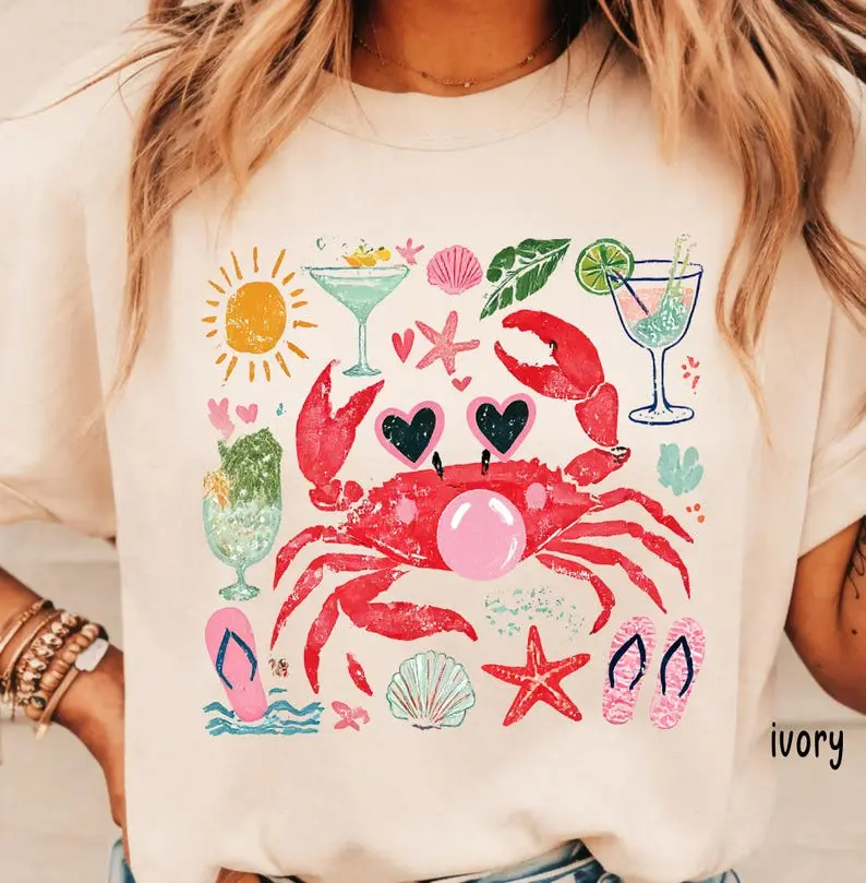 Summer Beach Crab Shirt Comfort Colors, Funny Crab Graphic Tee, Coastal Vacation Shirt, Cute Nautical Summer T-Shirt Womenswear