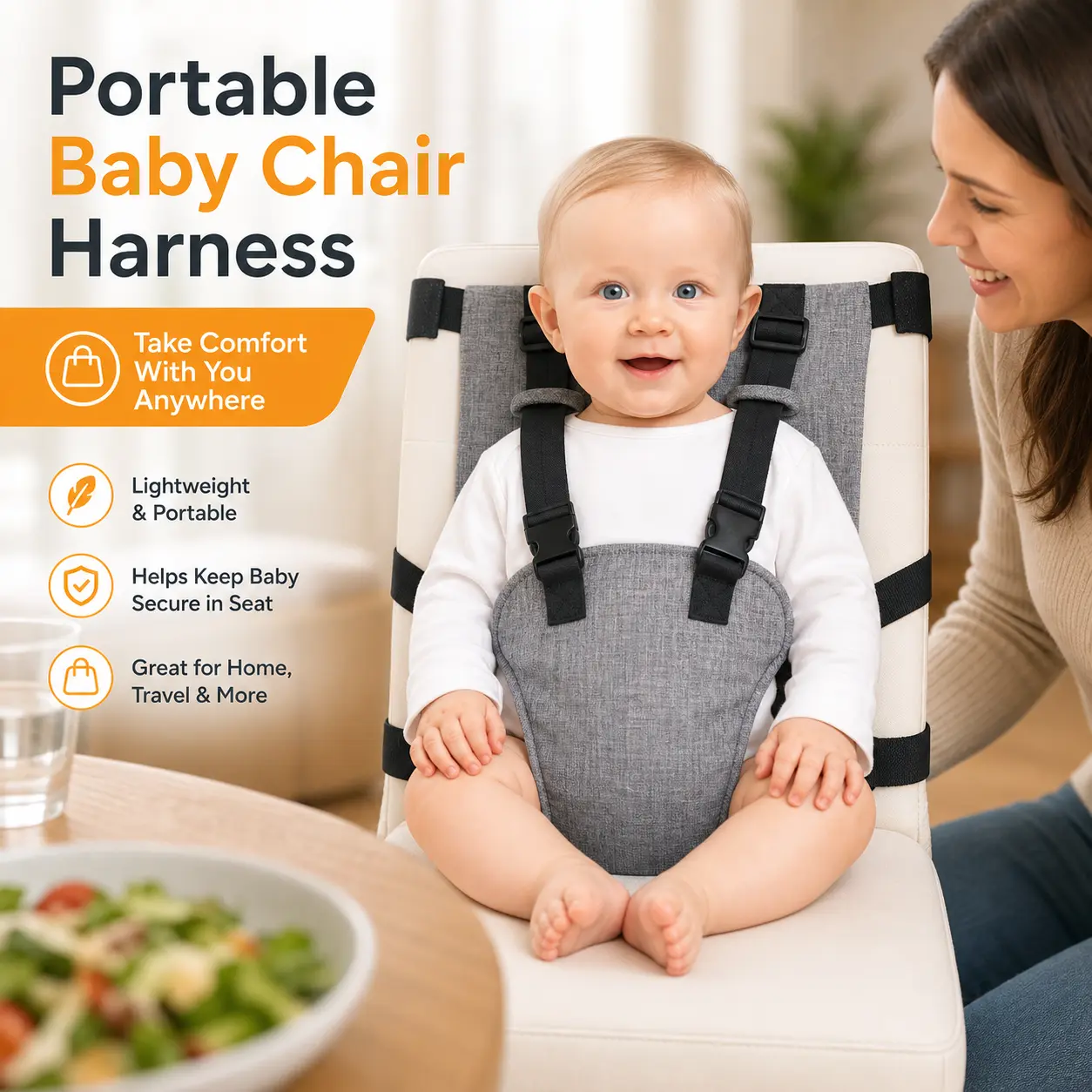 Portable High Chair Harness, Solid Oxford Cloth Feeding Seat for Baby & Toddler, Secure, Lightweight & Washable Booster for Home, Travel & Dining Out, Foldable, Great For Home, Travel & More, Helps Keep Baby Secure In Seat, Less Than 1 Pound