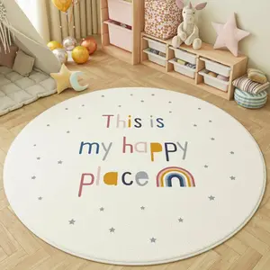 Round Floor Mat, Decorative Rug Mat, Non-slip Washable Soft Plush with Letter Pattern, Colorful Stars and Rainbow Accents for Children's Room, Living Room Or Playroom