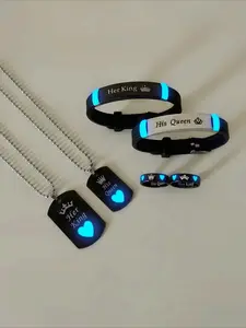 6pcs Glow-In-The-Dark Heart Crown Necklace Bracelet Ring Set, Stainless Steel Couple Jewelry, Women's Love Promise Gift