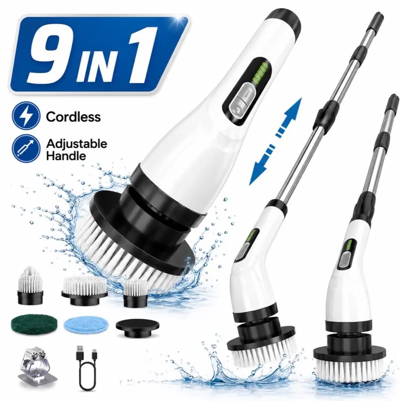 Cordless Electric Spin Scrubber - Cordless Cleaning Supplies, 9 Brush Heads, 3 Speeds, 24cm Handheld Electronic Bathroom Cleaner, IPX4 Waterproof for Bathroom, Glass, Electronic Bathroom Cleaners