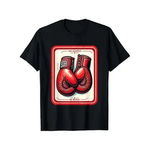 Menswear Round Neck Shortsleeve T-Shirt - 100% Cotton Vintage Boxing Gloves & Mexican Text Print Top, Regular Fit Casual Tee for Men, S-3XL Black, Machine Washable Gift, Daily Wear Sports Themed Shirt