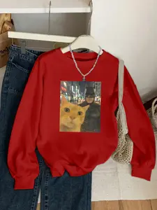 Trendy Batman Selfie Cat Print Casual Fitted Round Neck Sweatshirt, Spring & Fall Fashion, Cartoon Style, Women's Clothing