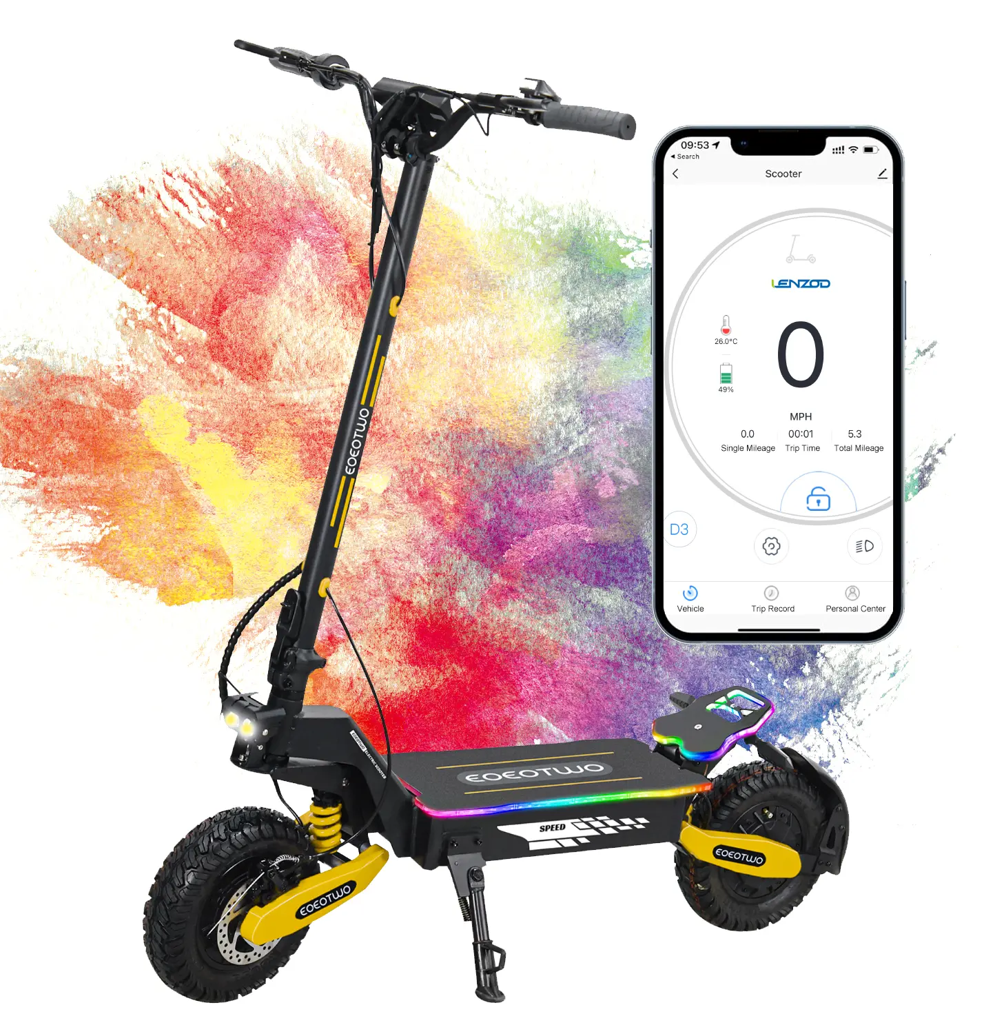 52V electric scooter for adults, 2400W dual motor, top speed 38MPH, 52V 23.4AH range 46 miles, 11-inch all-terrain tires, foldable with APP unlock, fast scooter, mountain, off-road and road scooter