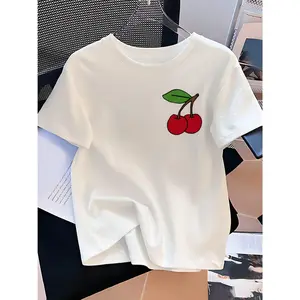 Women's Casual Short Sleeve T-Shirt with Left Chest Red Cherry Print Round Neck for Casual Attire Vacation Summer Woman Clothing