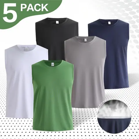 Men's 5-Pack Fitted Yoga Sports Vest - Polyester Blend Synthetics, Plain Round Neck, Quick-Drying, Breathable Sleeveless Top for Running Outdoors, Spring Summer Athletic Activewear (Unisex Option)