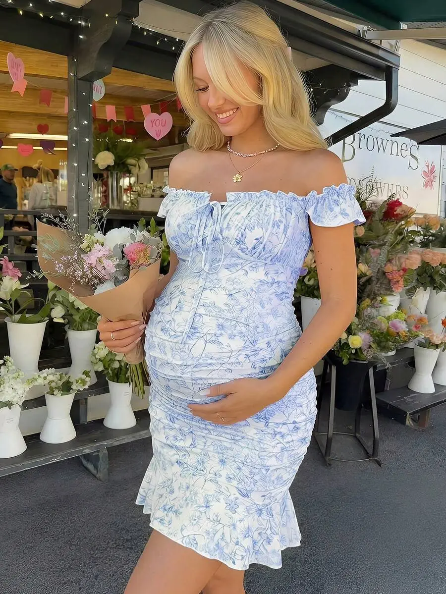 Maternity Vacation Floral Print Frill Trim Off-Shoulder Fitted Dress