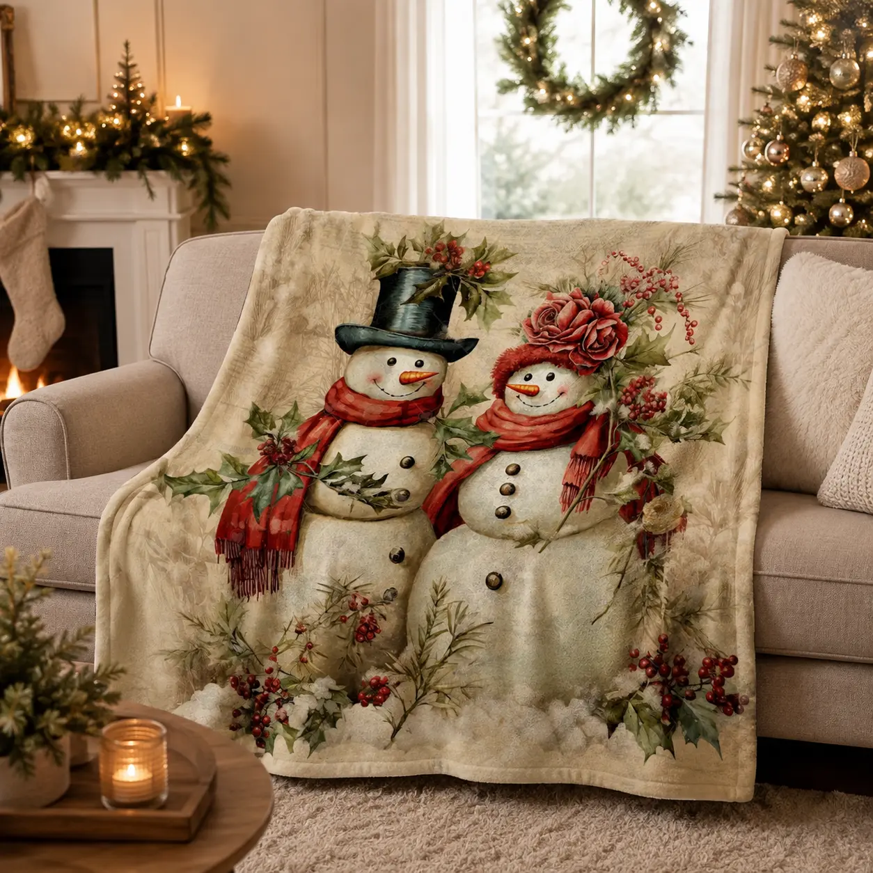 Snowman Flannel Throw Blanket, Cozy Warm Retro Style Print, Ideal for Couch Living Area Bedroom, Year-Round Use, Christmas Room Decoration, Autumn Home Accent, Soft Plush Sofa Bed Holiday Gift