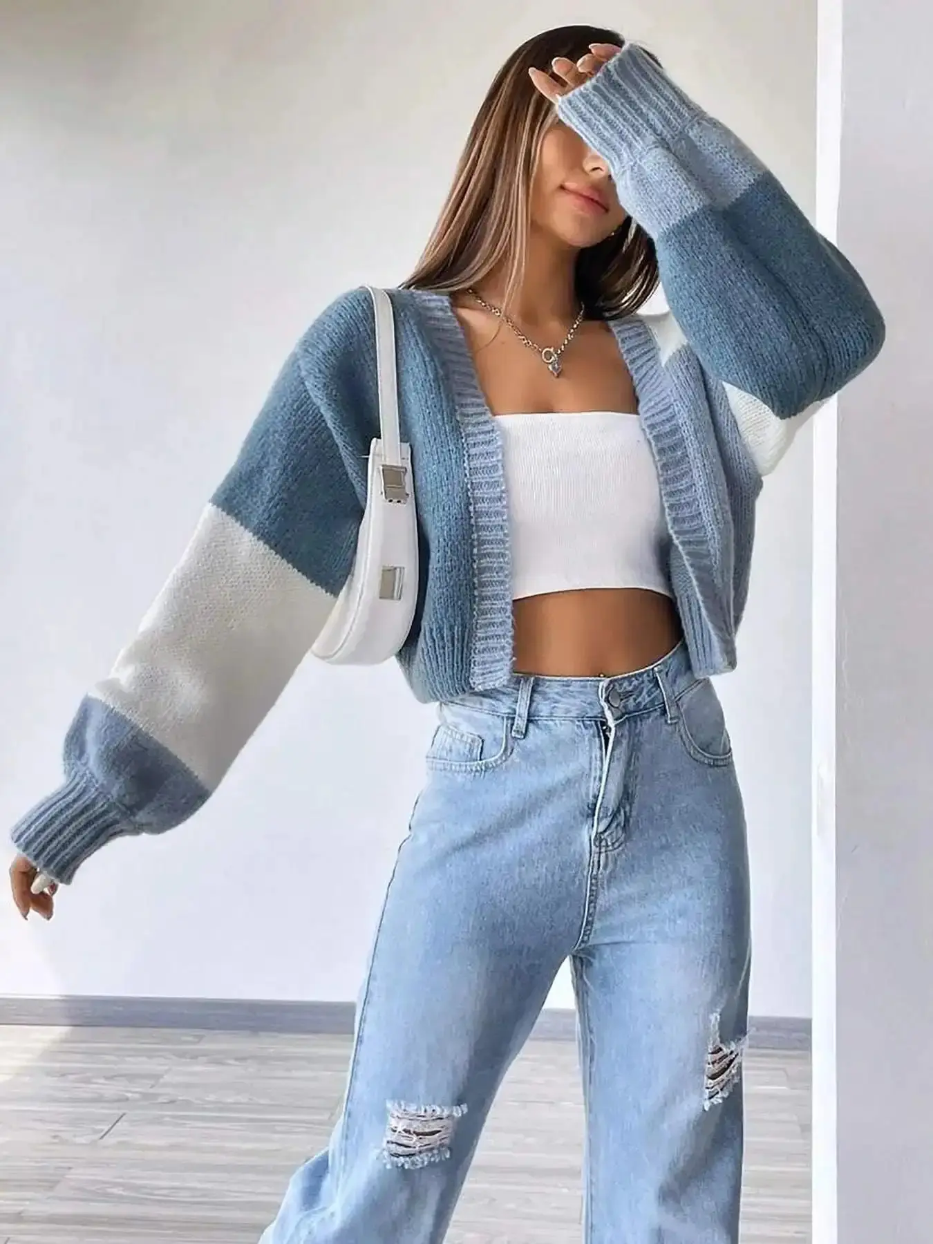 Women's Colorblock Patchwork Long Sleeve Fitted Cardigan Sweater, Casual Retro Vintage Open Front Cozy Knitwear for Fall & Winter, Fashion Ladies' Knit Clothing Daily Wear, Soft Tops, Womenswear versatile chic look