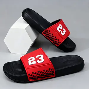 Men’s Thick-Soled Velcro Sport Slides – Easy On/Off Open-Toe Sandals for Indoor/Outdoor Use, EVA Cushioning with Arch Support, Non-Slip Rubber Outsole – Black/Red/Gray – Ideal for Gym, Beach, Training & Daily Wear, “23” Inspired Design