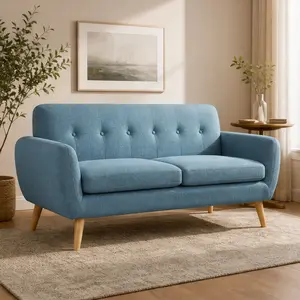 ARCH Midcentury Modern Blue Button Tufted 2-Seat Comfy Couch - 67.25" Fabric Upholstered Retro Style Armrest Loveseat, Waffle Stitch Backrest, Rubberwood Legs, 30.50W x 67.25D in, 60.85 lb, for Small Living Room Spaces (Armrest Sofas & Couches Option)