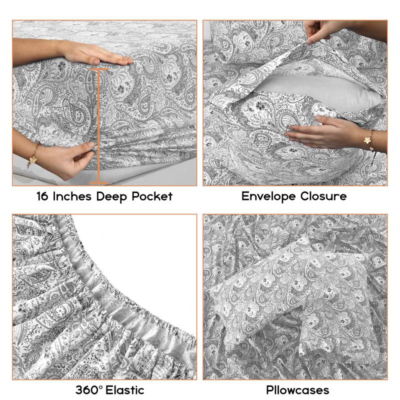 LUX DECOR 6-Pc Paisley & Solid Embroidered Bed Set- King Bed Sheet & Pillowcases - Upto 16" Deep Pocket Hotel Luxury Cozy Polyester Queen Sheets- Decorative Bedsheet Sets-Breathable Durable Sheets