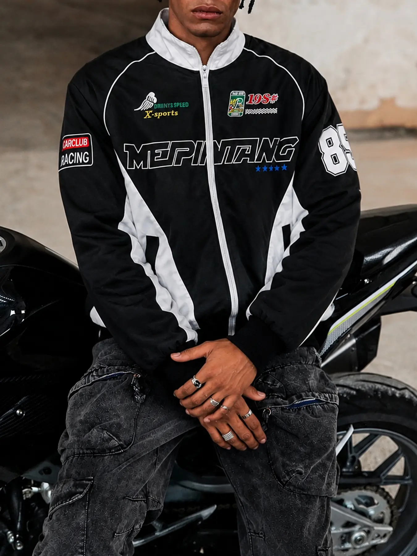 Men's Vintage Racing Jacket with Embroidered Patches  Stand Collar Zip Up Moto Style for Back to School Streetwear