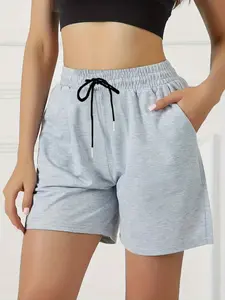 Women's Drawstring Waist Pocket Gym Shorts, Casual Athletic Shorts, Loose-Fitting Preppy Style for Casual Running & Workouts, Plain Design