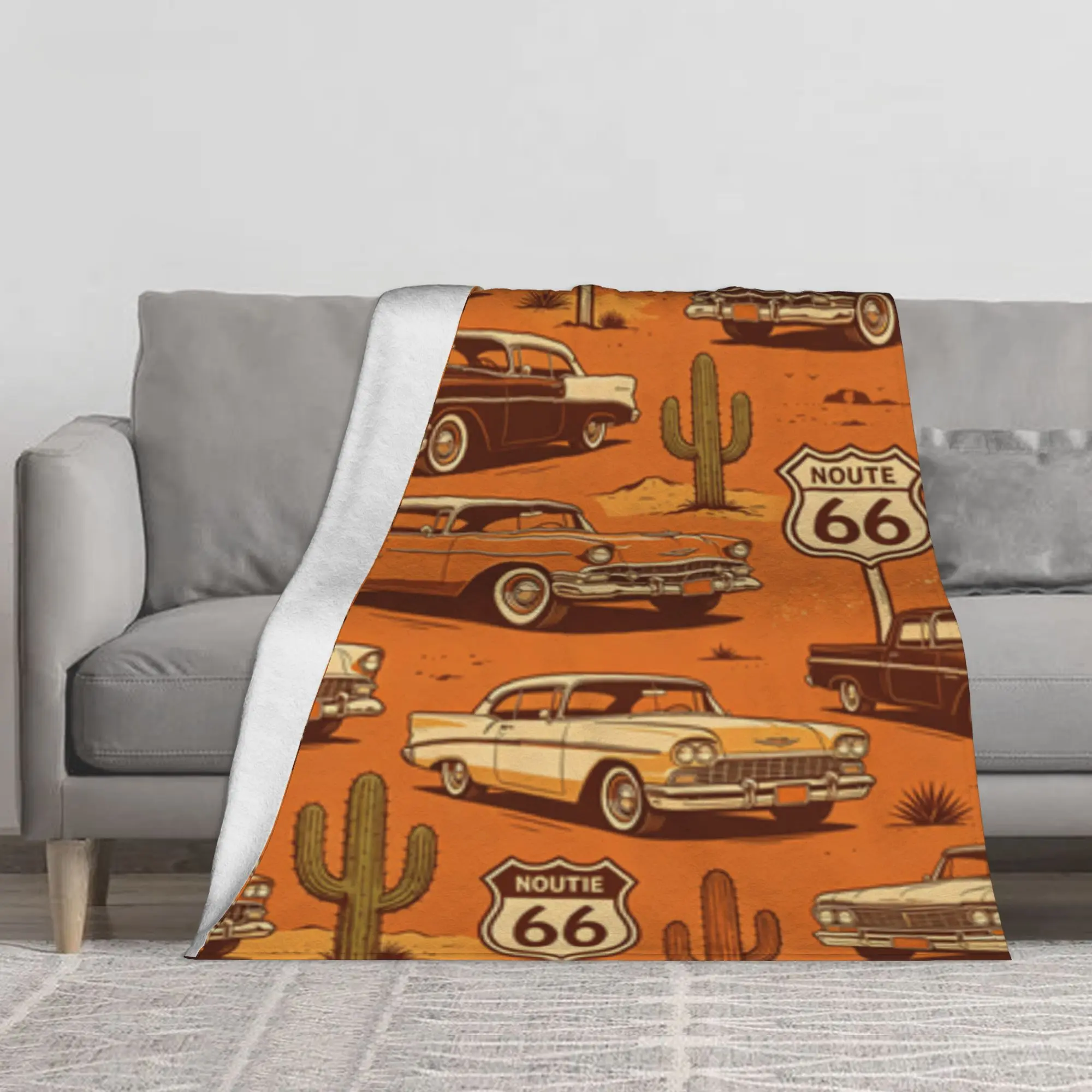 Vintage Route 66 Classic Retro Car Cactus Flannel Throw Blanket, Large Soft Lightweight Warm Decor Blanket, Multi-Purpose Sofa Cover, Wall & Front Door Hanging Tapestry, Western Road Trip Aesthetic Gift for Family and Friends