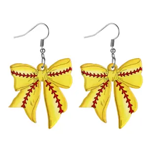 Women's Softball Bow Earrings: Silver Hypoallergenic Acrylic Drop Dangle Creative Sport Earring Preppy Jewelry for Teen Ladies Fans