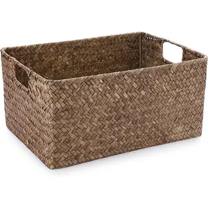 Seagrass Storage Basket for Shelf Organizing, Opened Baskets Bin Handwoven Wicker Baskets Rectangular Decorative Basket Multipurpose Closet Bedroom Organizer Bin Box with Handle, Small