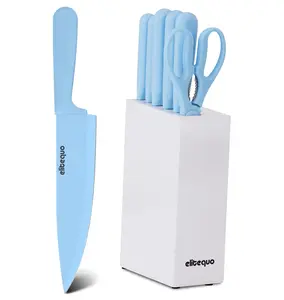 ELITEQUO 8 Piece Knife Set with Blue Ceramic Coated Blades, Stylish Wooden Block & 8 Inch Sharpener - Elegant Kitchen Knife Block for Modern Culinary Excellence