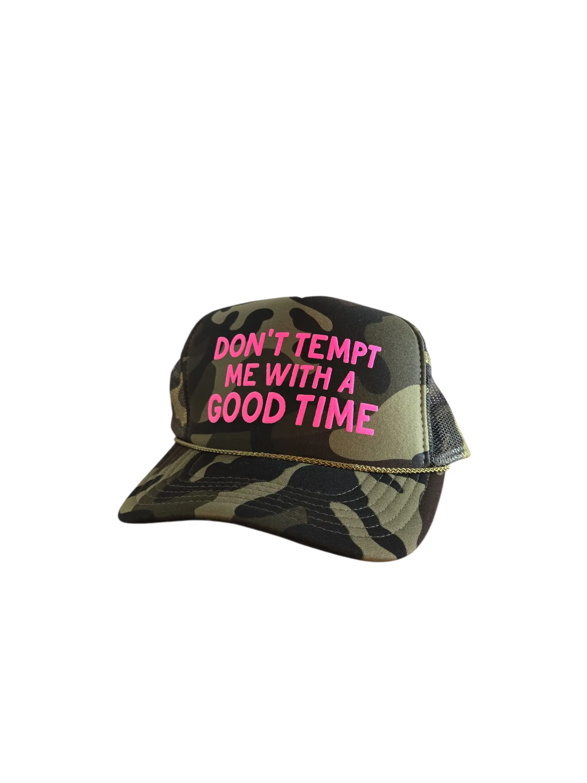 Dont Tempt Me With A Good Time Trucker Hat Unisex Camo Style Fun Slogan Accessory For Casual Outings