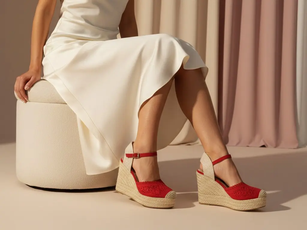 FOREVER Women's Classy, Elegant Laser-Cut Red Espadrille Wedge Platform High-Heeled Footwear