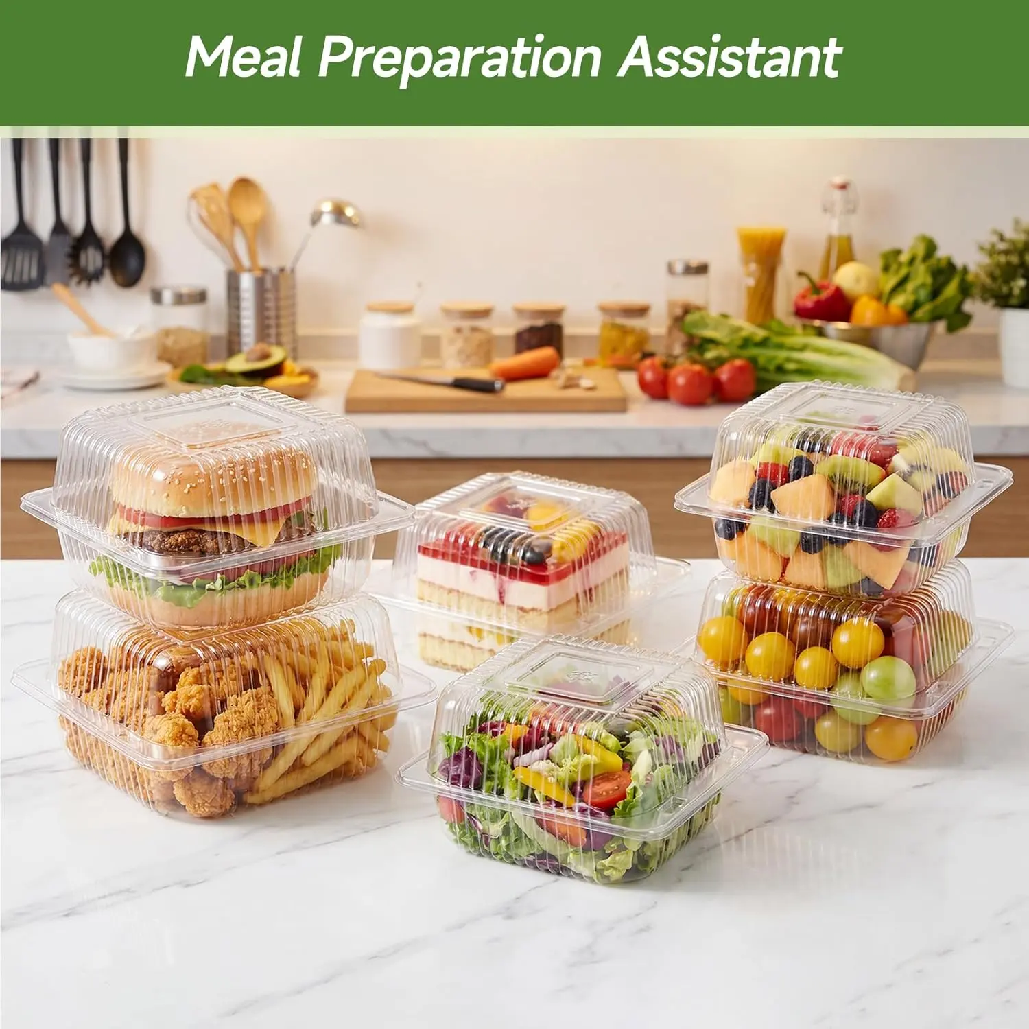 100 Pack Heavy Duty Clear Clamshell Food Containers with Hinged Lids for Cake, Desserts, Sandwiches, Salads & Takeout