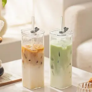 DWTS DANWEITESI 13oz Glass Cups with Plastic Lids & Glass Straws 4Pack Portable Square Eco-Friendly Drinkware Tumblers for Beer Tea Cocktail Whiskey Juice 12Oz Capacity High-Quality Materials Durable Elegant Design Stylish