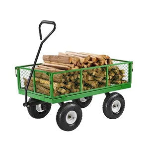 【fathersdaygift】VEVOR 900 Lbs Steel Garden Cart on Wheels, Heavy Duty Pullable Garden Wagon Yard Cart, Outdoor Metal Utility Wagon with 10" Tires and Mesh Removable Sides(Convert to Flatbed), and 180°Rotating Handle