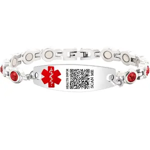 Editable QR Code Medical Alert Bracelet for Women, Stainless Steel with Red Cubic Zirconia, Link Bracelet with Adjustable Clasp, Scan to Update Health Information Anytime