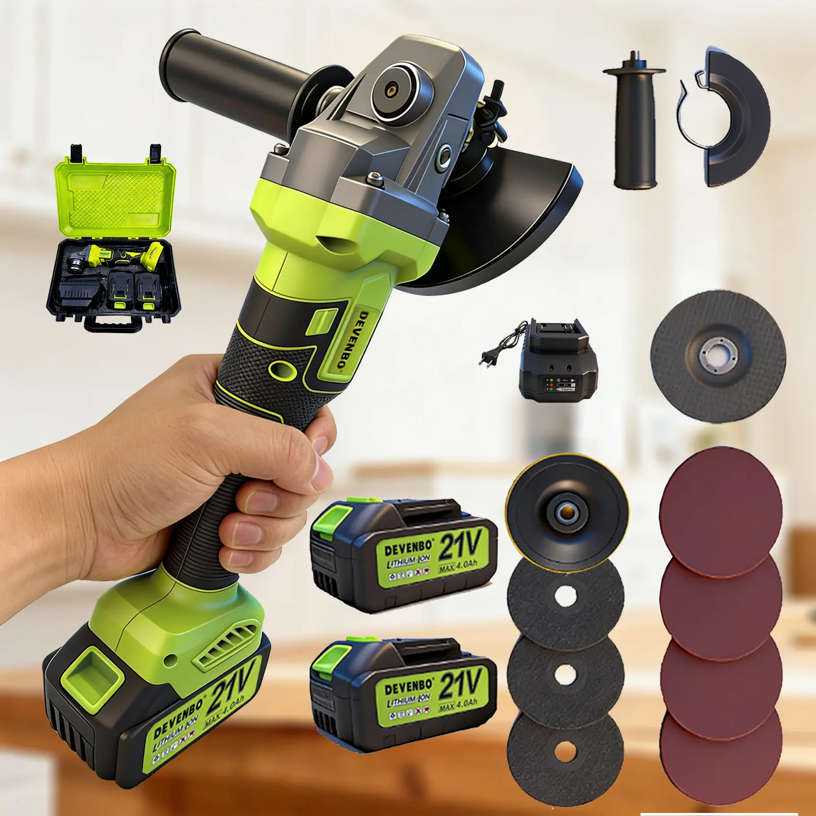 Newly Upgraded 21V Brushless Angle Grinder, Suitable for Metal Grinding, Polishing, and Rust Removal. Features a Compact Design with Side Handle, Includes Lithium Battery, Fast Charger, and Full Set of Accessories. An Essential Household Tool