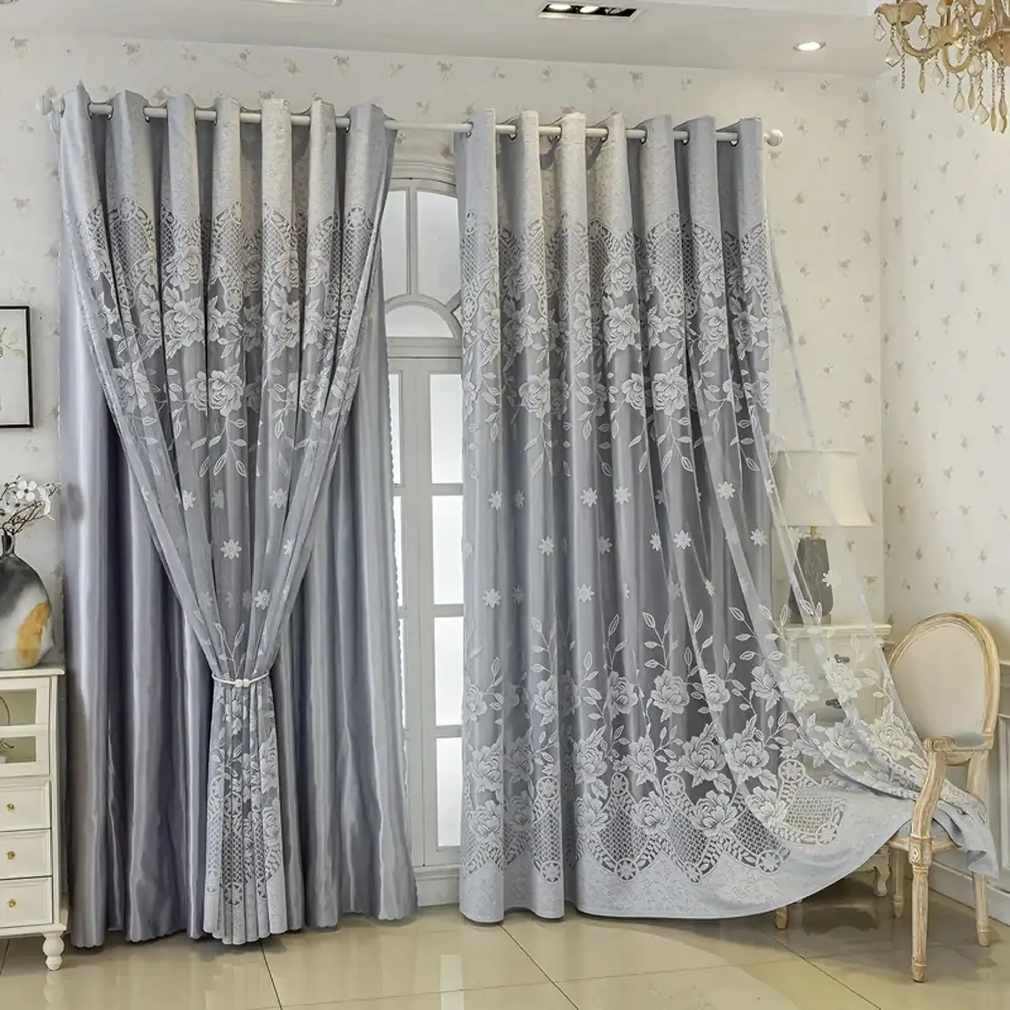 Double-layer Blackout Heavy Window Curtain, Floral Pattern Curtain, Privacy Grommet Curtains, Eyelet Installation, Home Decorative Curtain, Home Decoration Curtain, Thermal Insulated Curtain, Blockout Curtains, Blackout Window Cover