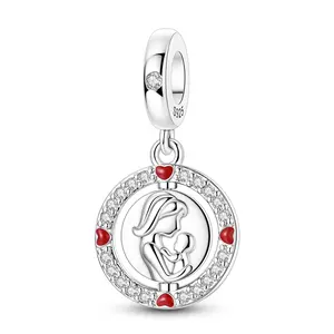 MULA 925 Sterling Silver Reversible Mother and Child Charm for Pandora Bracelet – Spinning Baby Footprints Dangle Bead with Red Hearts, New Mom Push Present Baby Shower Jewelry Gifts