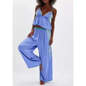 Women's Pajama Sets Lace Patchwork Spaghetti Strap Ruffled Cami Tops with Loose Pants 2Pcs Soft Sleepwear