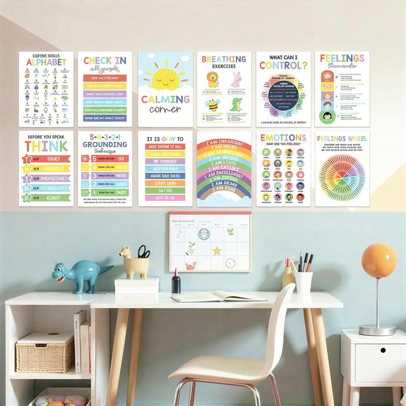12 Pcs Preschool Mental Health Posters – Laminated Feelings Wheel & Emotion Regulation Charts (10x14) | Calm Corner Decor for Home, Classroom & Therapy Office | SEL Wall Decor to Help Kids Manage Big Feelings