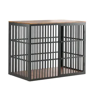 48'' 3-in-1 Wooden Dog Crate Furniture, Heavy Duty Dog Kennel End Table with Metal Frame & 3 Lockable Doors, Sturdy Indoor Pet Crate for Medium to Large Dogs, Brown & Black