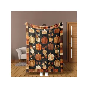 Cozy Plush Flannel Blanket - Soft Warm All-Season Pumpkin Patch Throw With Beige/Brown/Black/White/Orange/Golden Tones, Thick Bedspread For Couch, Bed, Car & Fall Decor, Rustic Farmhouse Style (Autumn Leaf & Star Motifs)-30*40in