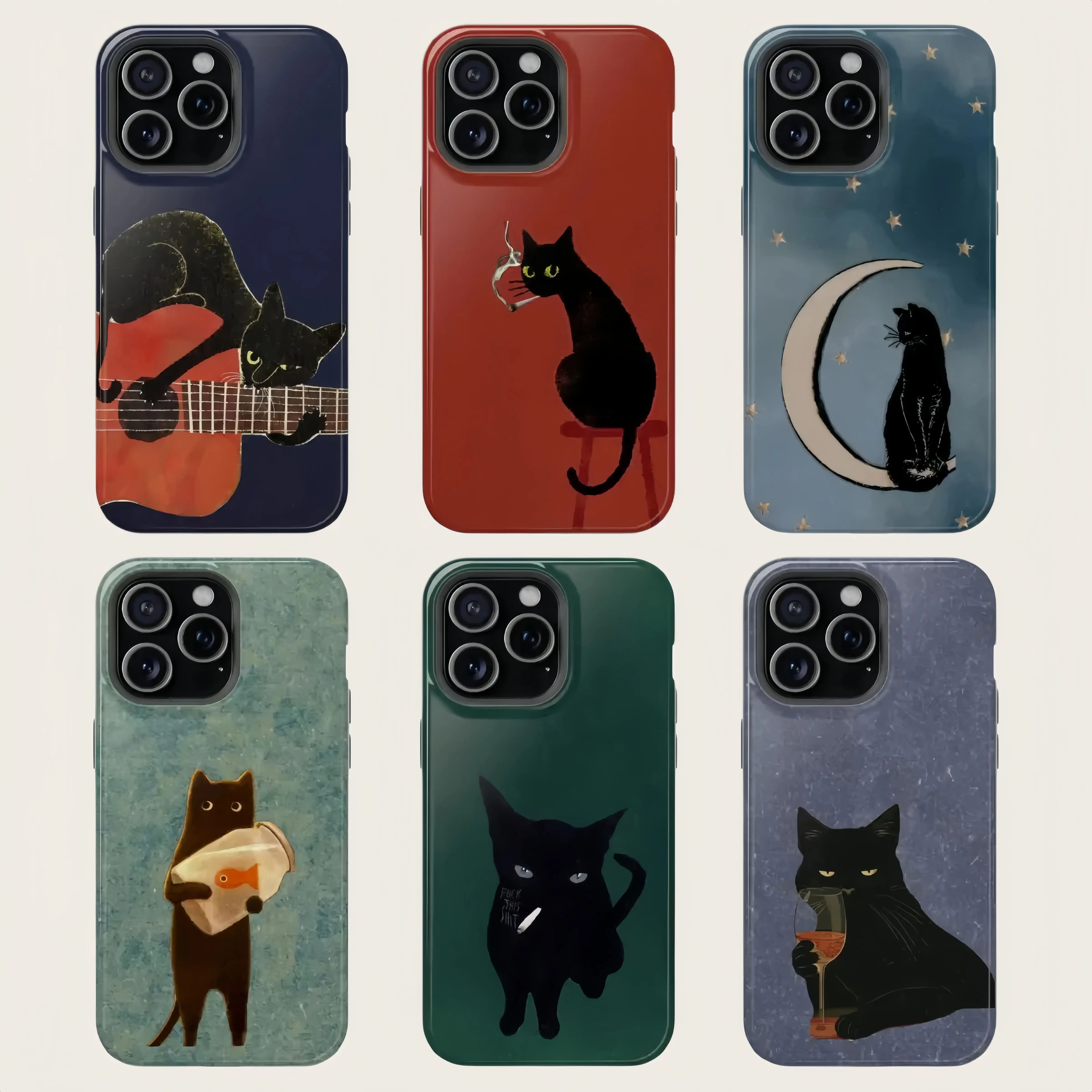 Vintage Black Cat Smartphone Case - Polycarbonate Stylish Shockproof Casing, Smoking Night Vibes Design, Wireless-Friendly Camera-Ready Shell, Durable Protection Accessory for iPhone 11-X 15 Plus 17 Pro Max, Galaxy S22-S26 Ultra, Lover Gift
