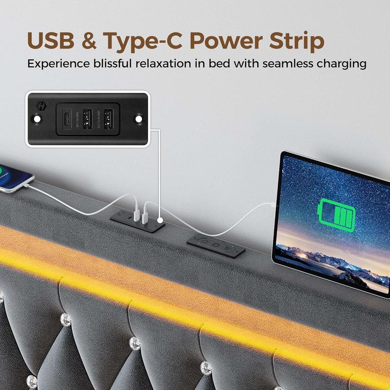 Queen Bed Frame with LED Light and Charging Station, Upholstered High Headboard and Footboard, Wood Slats, Noise Free, Easy Assembly, Grey