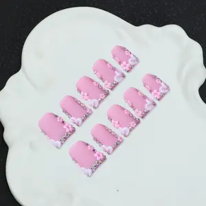 10 pcs/set of handmade duckbill nail tips, Y2K Baddie style, with French nail tips, flowers, crosses, rhinestone design, Acrylic gel system, 4 sizes, suitable for gatherings, daily wear, including toolkits, gifts for women and girls