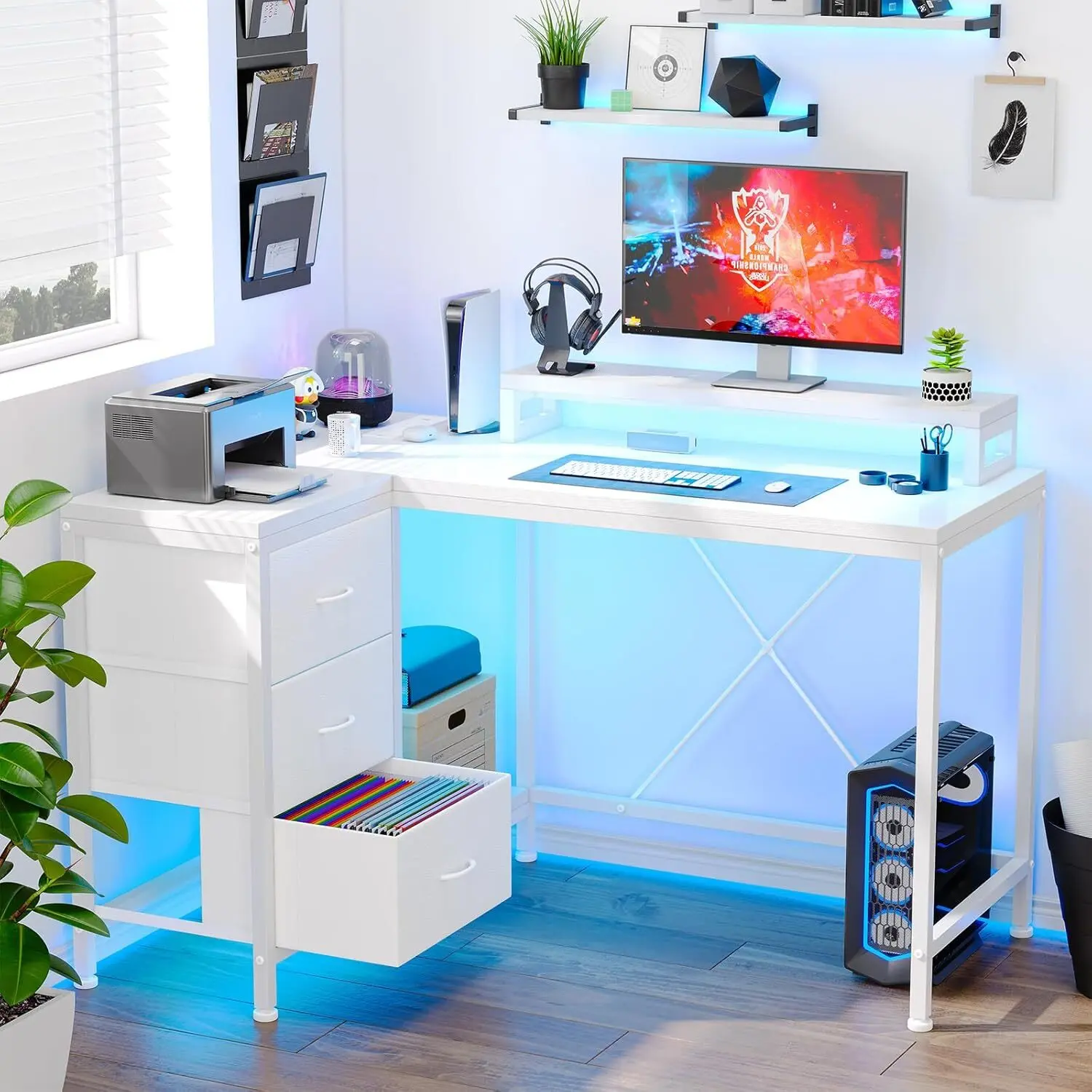 L Shaped Gaming Desk with 4 Tier Drawers, L Shaped Desk with Power Outlets and Led Lights, Home Office Desk with Monitor Stand, 43 Inch Gaming Table for Bedroom, Study Writing Gaming Desk-White Adjustable Ergonomic Chair