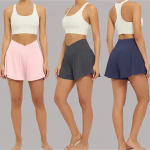 Women’s 3 Pack 2 in 1 Flowy Running Shorts with Pockets, Crossover Waist Workout Tennis Shorts Skort Style, Anti Chafing Spandex Lined, track girl shorts