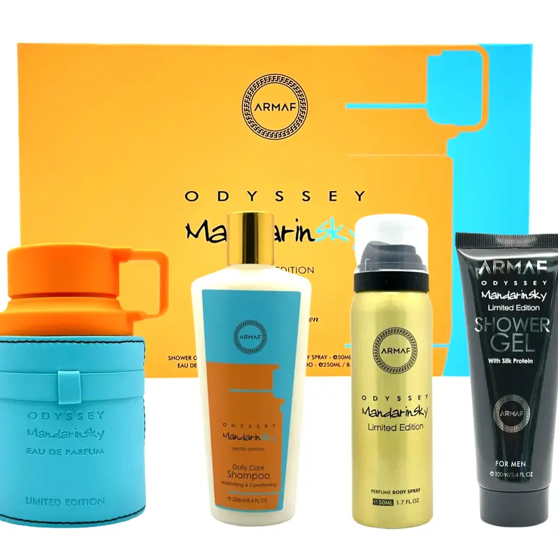 Armaf Odyssey Mandarin Sky 4-Piece Luxury Gift Set - Eau de Parfum 3.4oz, Body Spray 1.7oz, Shower Gel 3.4oz, Shampoo 8.4 oz Body Care Fragrance