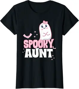 Womens Spooky Aunt Family Cute Pink White Ghost Boo Halloween T-Shirt - Janessaho Shop 34B0BFK2TDWD