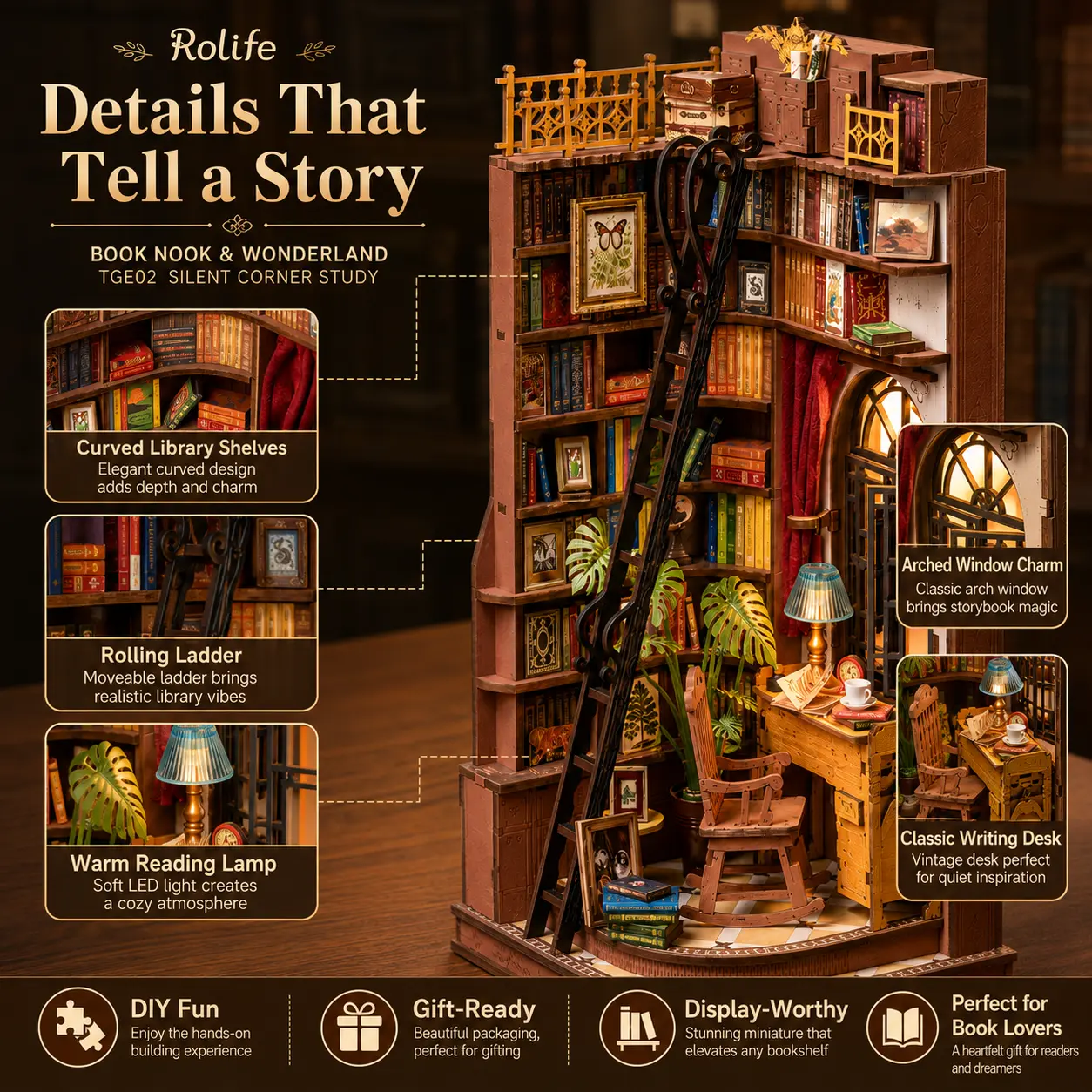 【Rolife】DIY Book Nook Shelf Insert, Silent Corner Study-Themed Craft Kit for Stress Relief (Classic & Novelty Toy) rubber band ball