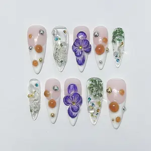 jasonj.nail Purple Floral Jelly Press-On Nails, 3D Flower Detail with Clear Resin and Gold Accents, Soft Nude Base, Elegant Artistic Aesthetic, Trendy Nail Art, Custom Handmade Set