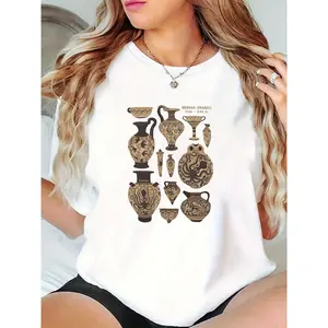 Women's Minoan Ceramics (1700-1300 BC) T-Shirt Ancient Greek Pottery Octopus Print Casual Tee for Art & History Enthusiasts 100% Cotton T-shirt