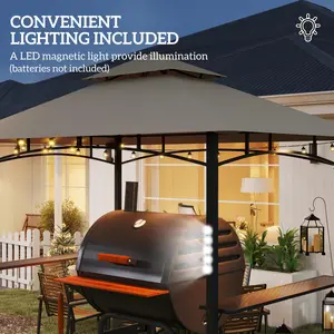 【Grill Gazebo with 8 LED Lights】Outsunny 8' x 5' Grill Gazebo, Double Tiered Outdoor BBQ Gazebo with LED Light, 2 Side Shelves, Hooks and Bottle Opener for Patio Deck Yard, Khaki