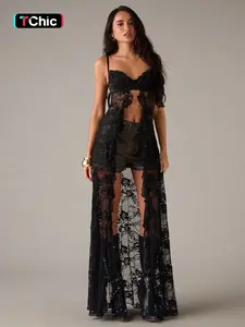 Dark Feminine Black Lace Sheer Maxi Dress Spaghetti Strap Ruffle Cutout Chic Festival Outfit