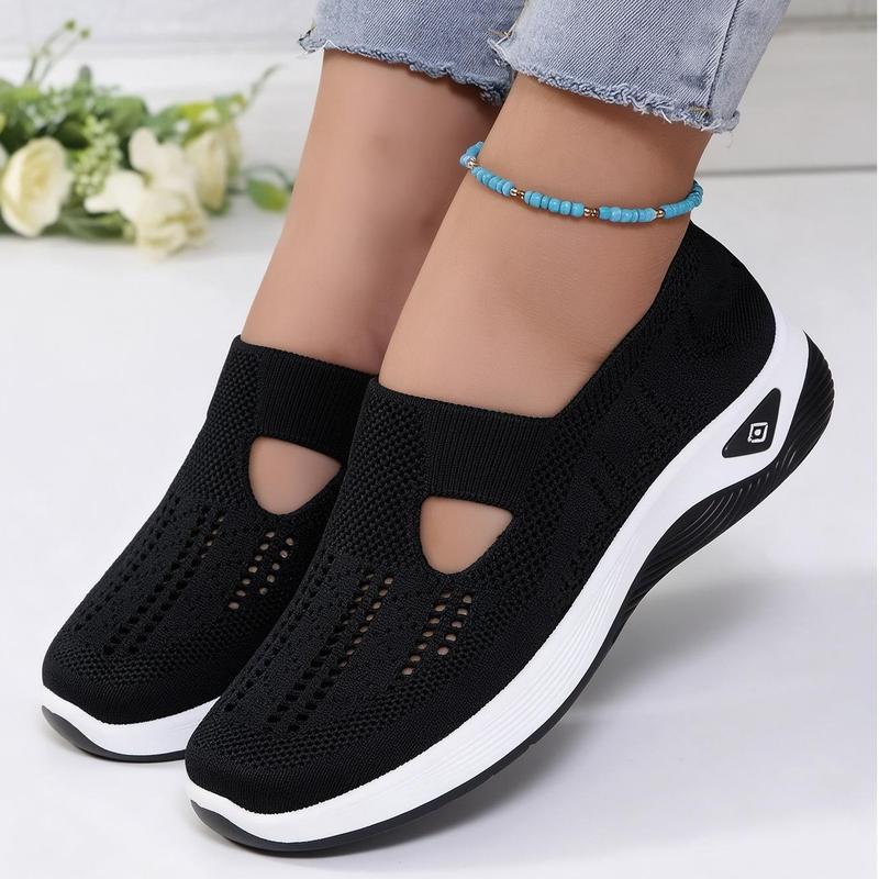 Women's Round Toe Flyknit Slip-On Sneakers, Wide Toe Box, Breathable Lightweight Cushioned Sole, Comfort Footwear for Moms for All-Day Walking & Work, Fall Shoes